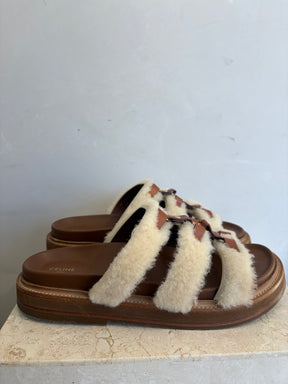 Celine Tan Leather and Cream Shearling Tippi Triomphe Slides, 40