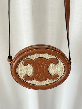 Celine Tan Leather and Canvas Oval Triomphe Bag