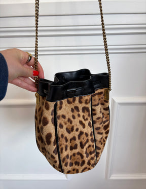 Saint Laurent Leopard Pony Hair and Black Leather Bucket Bag