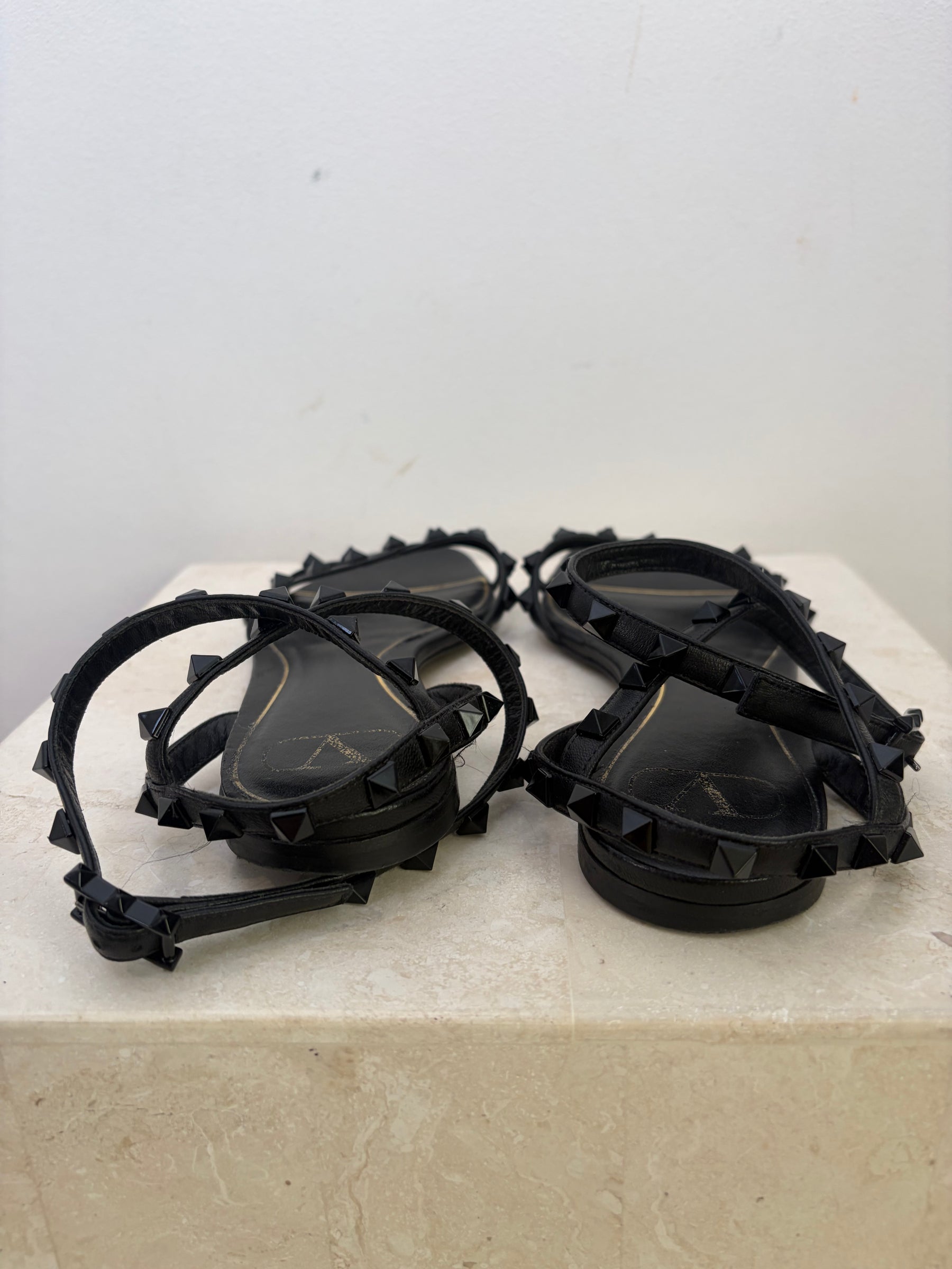 Valentino Garavani Black Leather Rockstud Sandals, 37