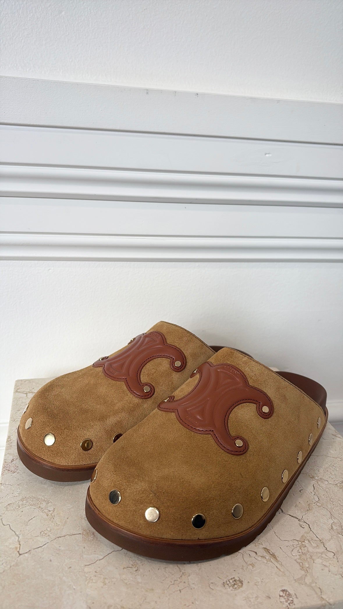 Celine Triomphe Suede Mules, 38