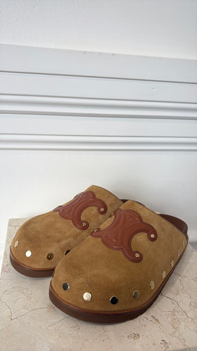 Celine Triomphe Suede Mules, 38