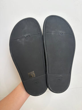 Fendi Brown and Cream Leather Feel Slides, 36