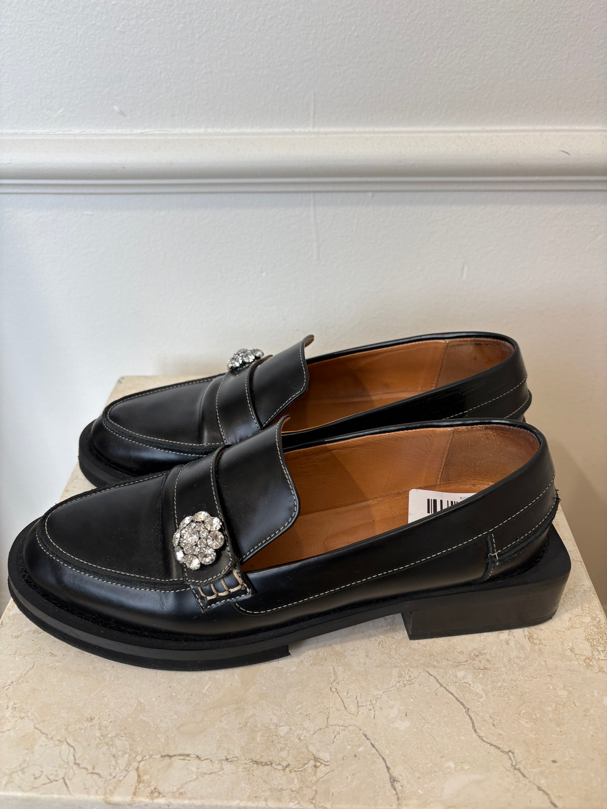 GANNI Crystal Embellished Black Loafers, 38