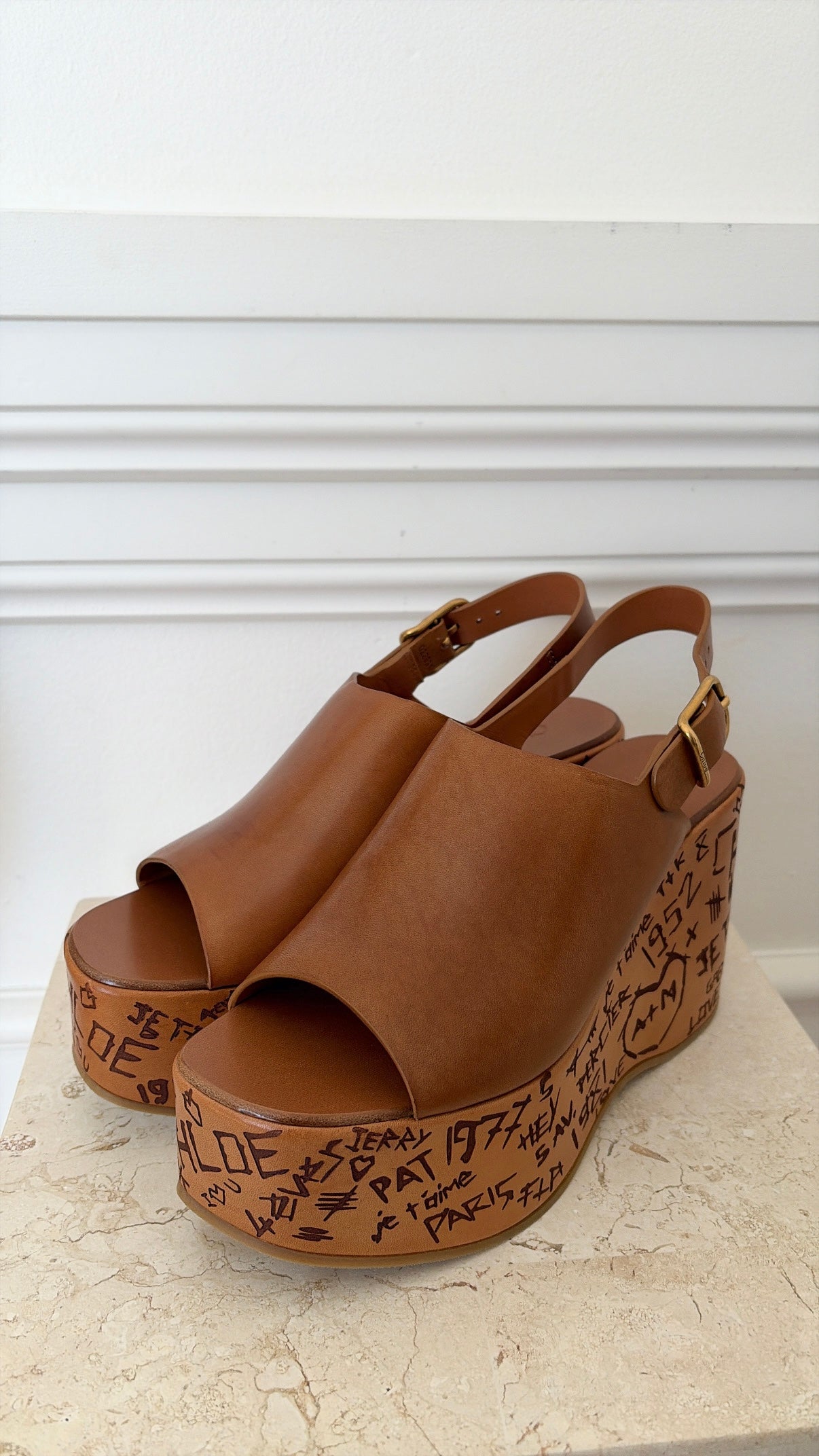 Chloé Maxime Leather Platform Sandals Brown, 38
