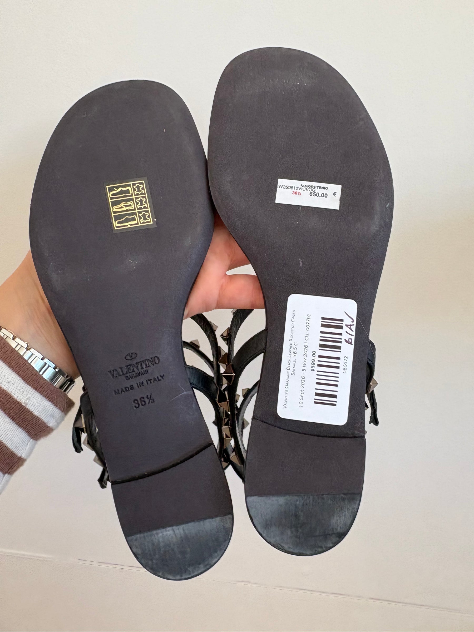 Valentino Garavani Black Leather Rockstud Caged Sandals, 36.5 C