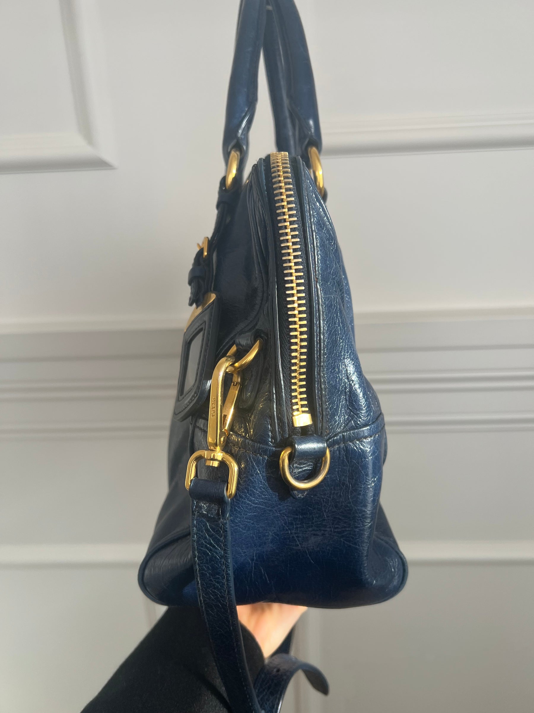 Prada Blue Crinkled Leather Zipped Tote Bag