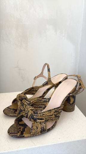 LOEFFLER RANDALL Black and Mustard Python Print Strappy Block Heels, 10 B