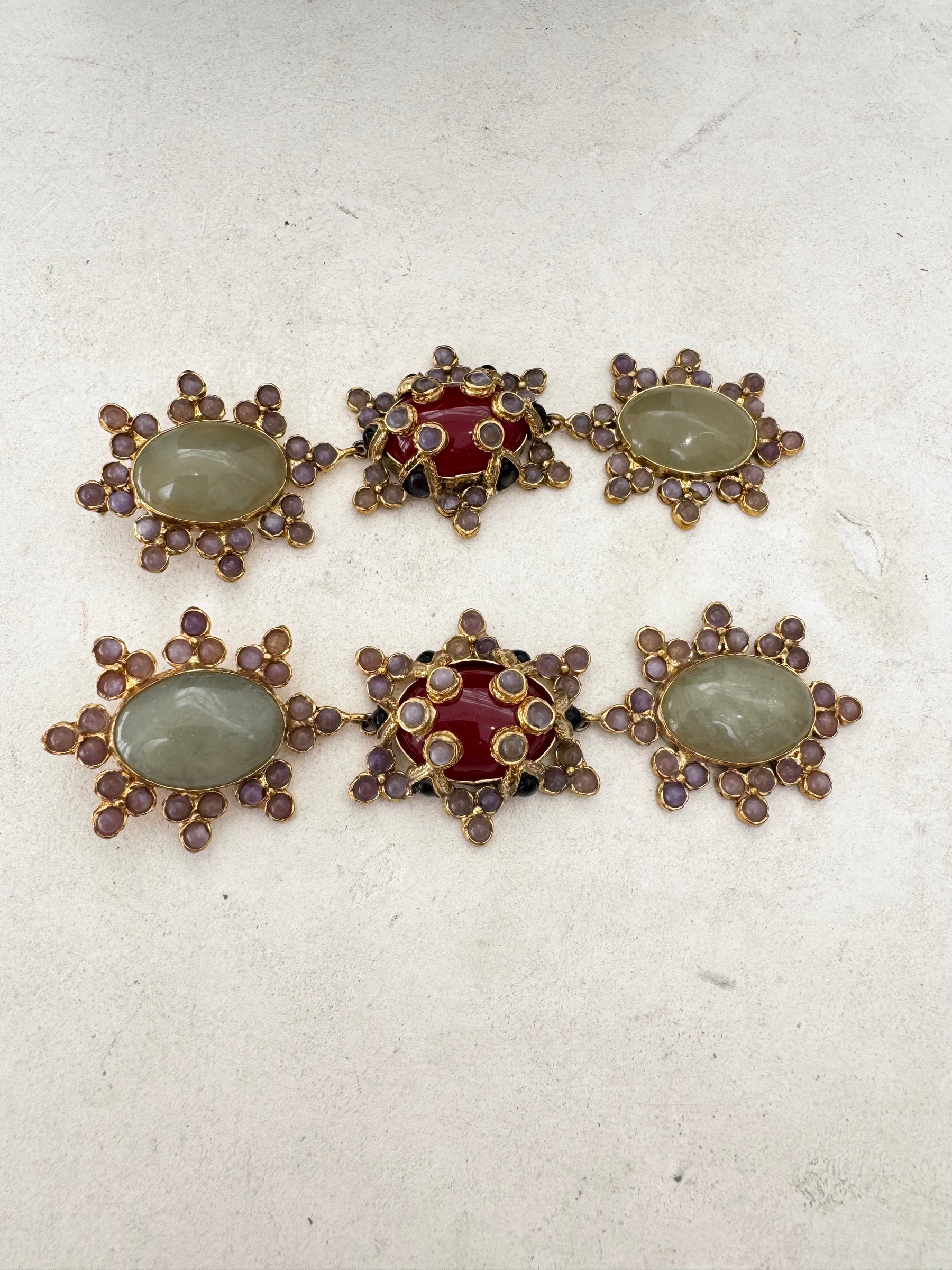 Christie Nicolaides Gold Tone Jade Style and Red Stone Drop Earrings