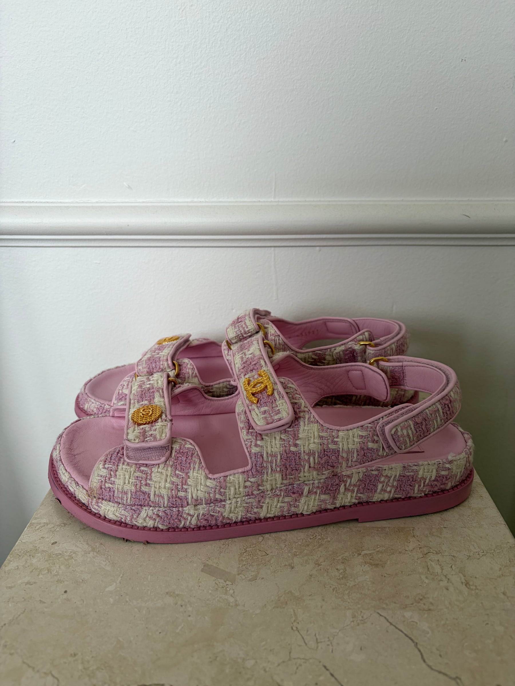 Chanel Pink And White Tweed Dad Sandals, 41 C