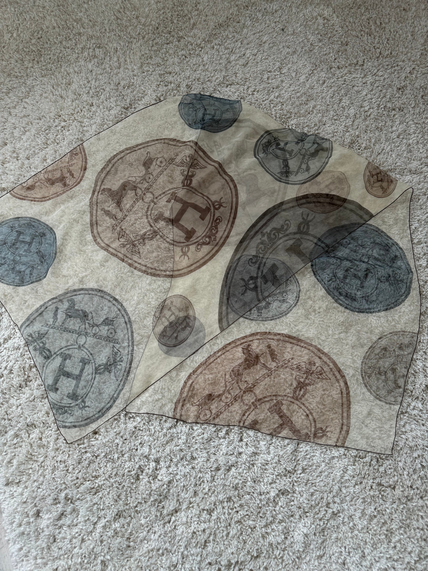 Hermès Cream and Brown Logo Sheer Silk Scarf