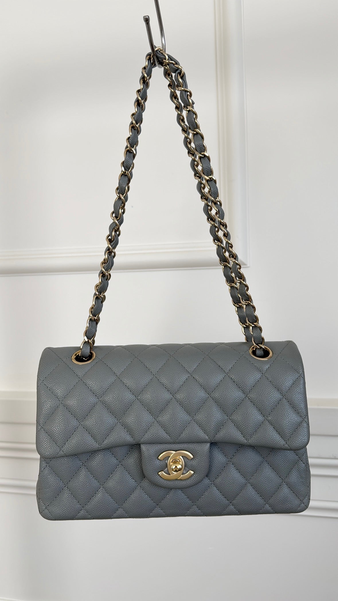 Chanel Small Grey Caviar Leather Flap Bag With Gold Tone Hardware