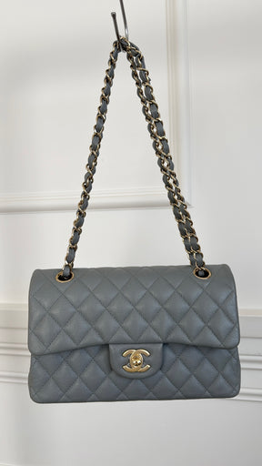 Chanel Small Grey Caviar Leather Flap Bag With Gold Tone Hardware