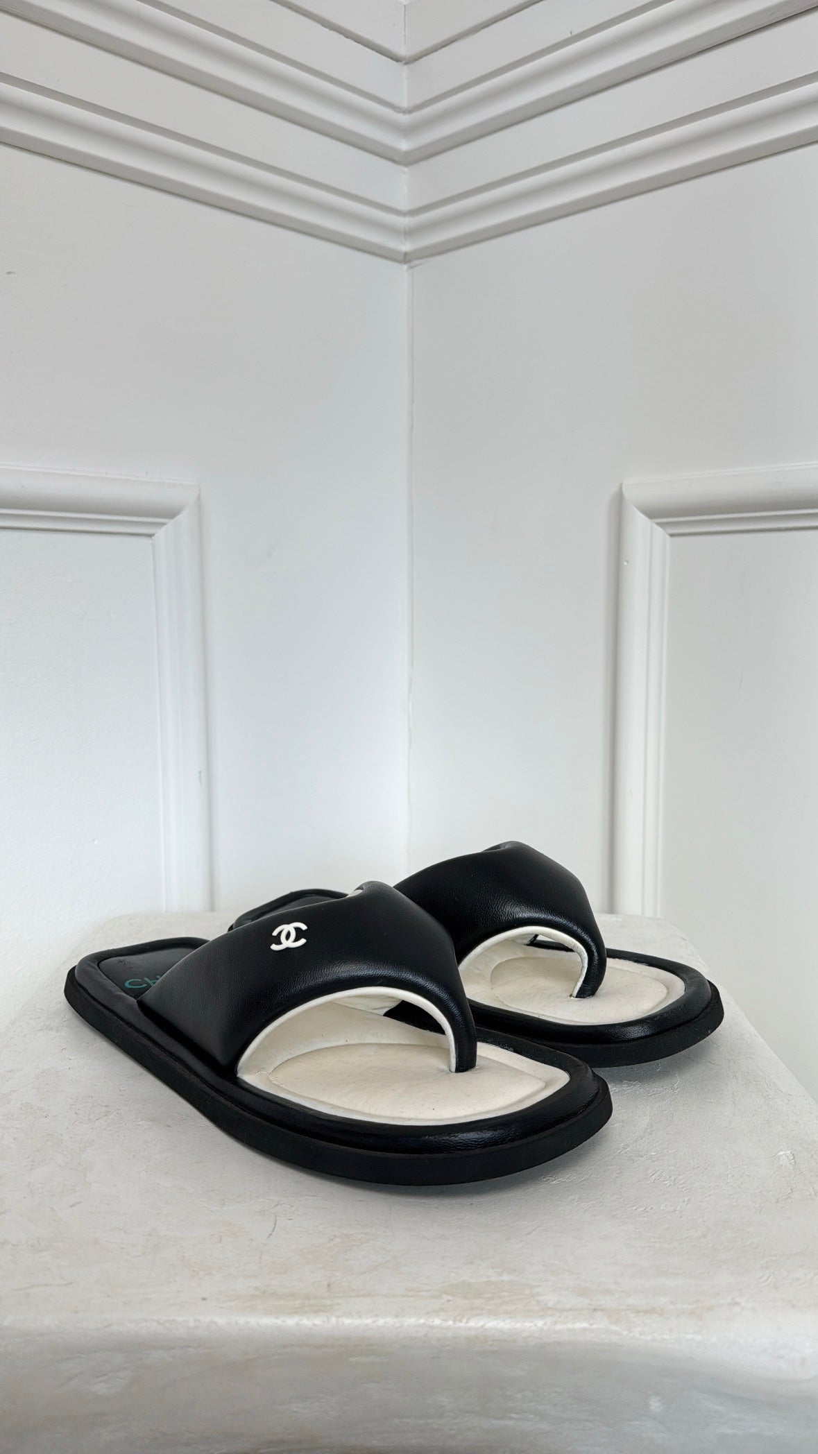 Chanel Black and White Leather Puffy Thong Sandals, 42