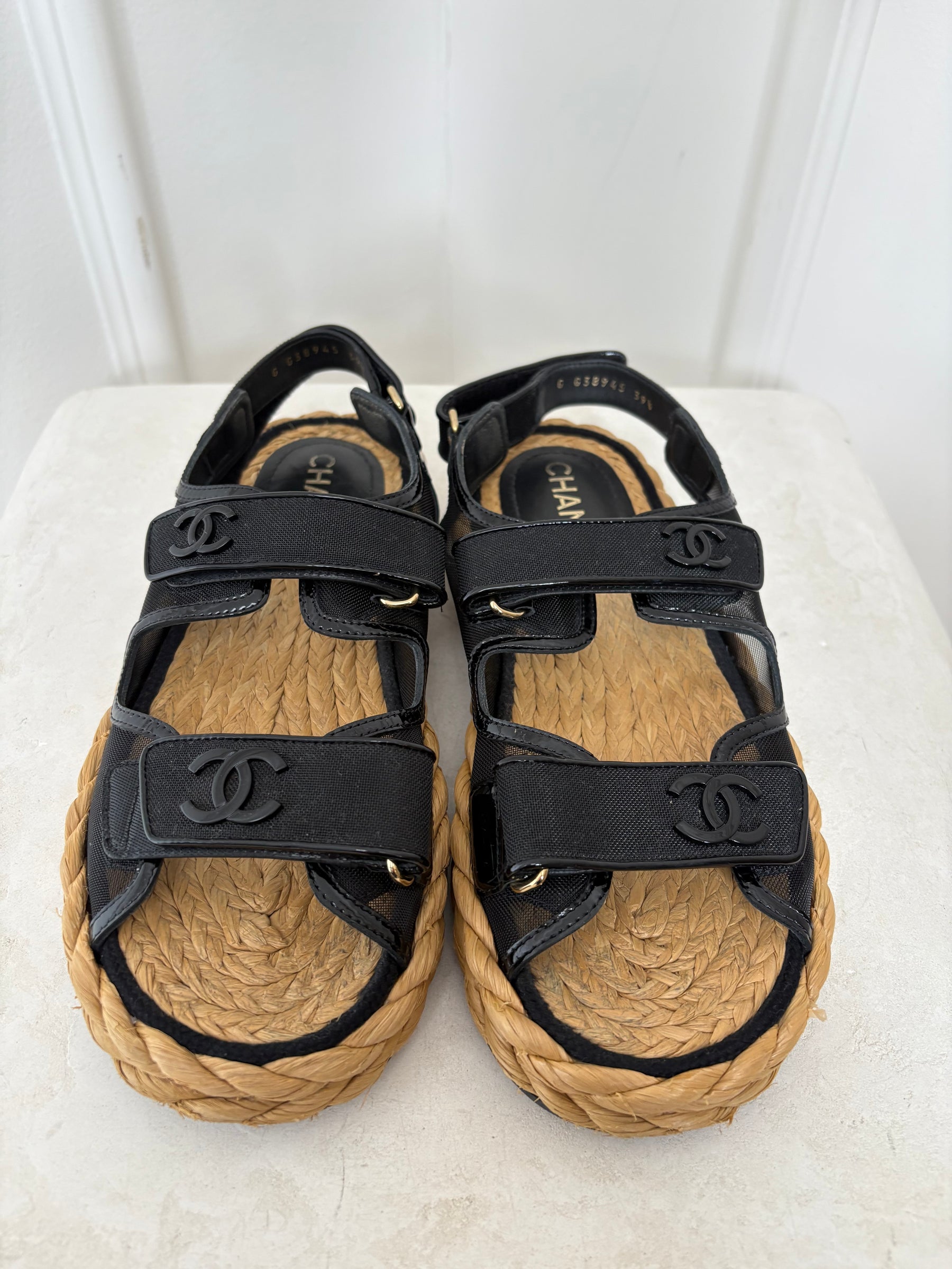 Chanel Black Patent And Raffia Dad Sandals, 39.5