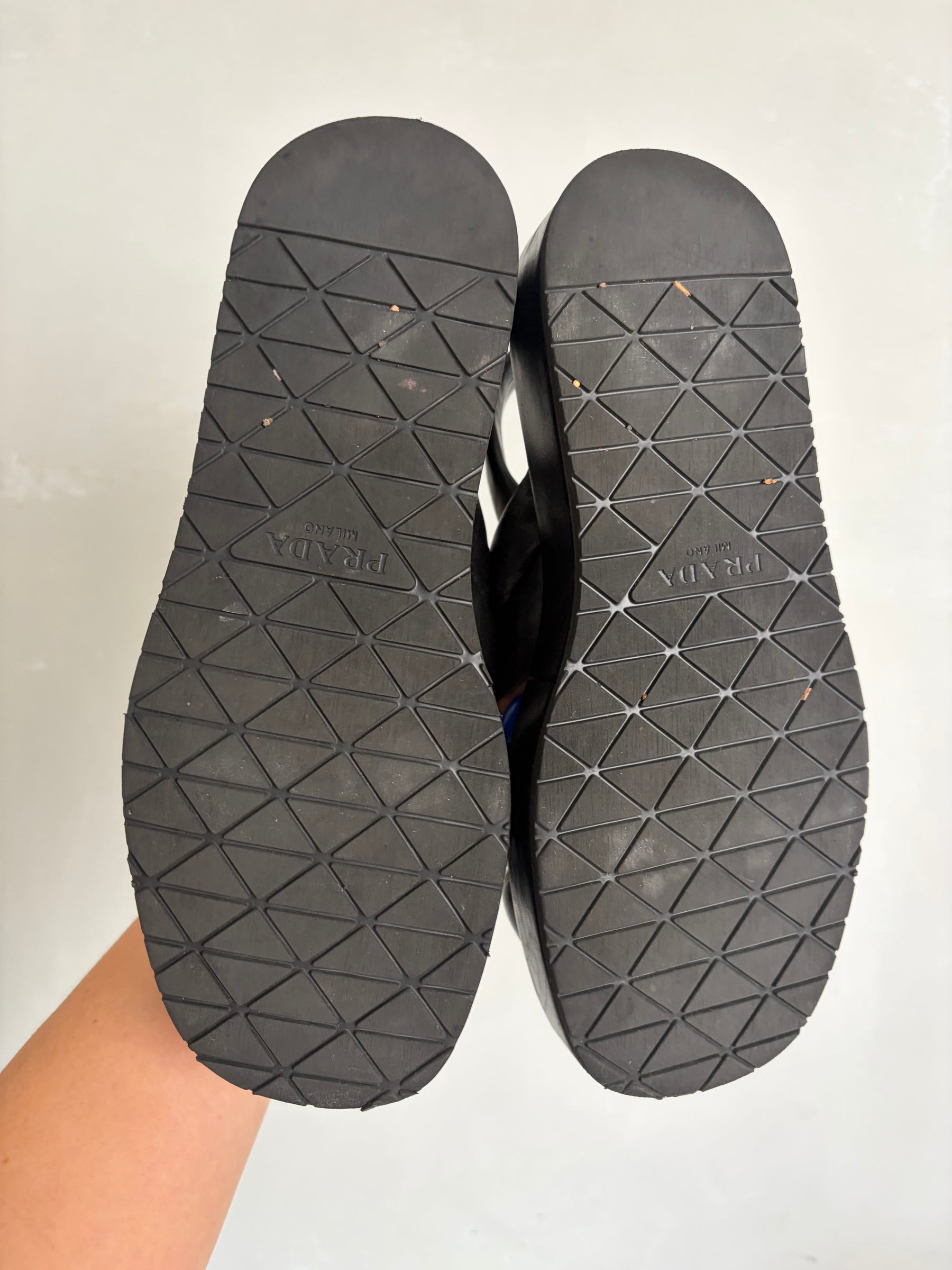 Prada Black Puffy Leather Logo Platform Sandals, 38.5
