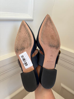 Bally Navy Leather Pointed Buckle Flats, 38