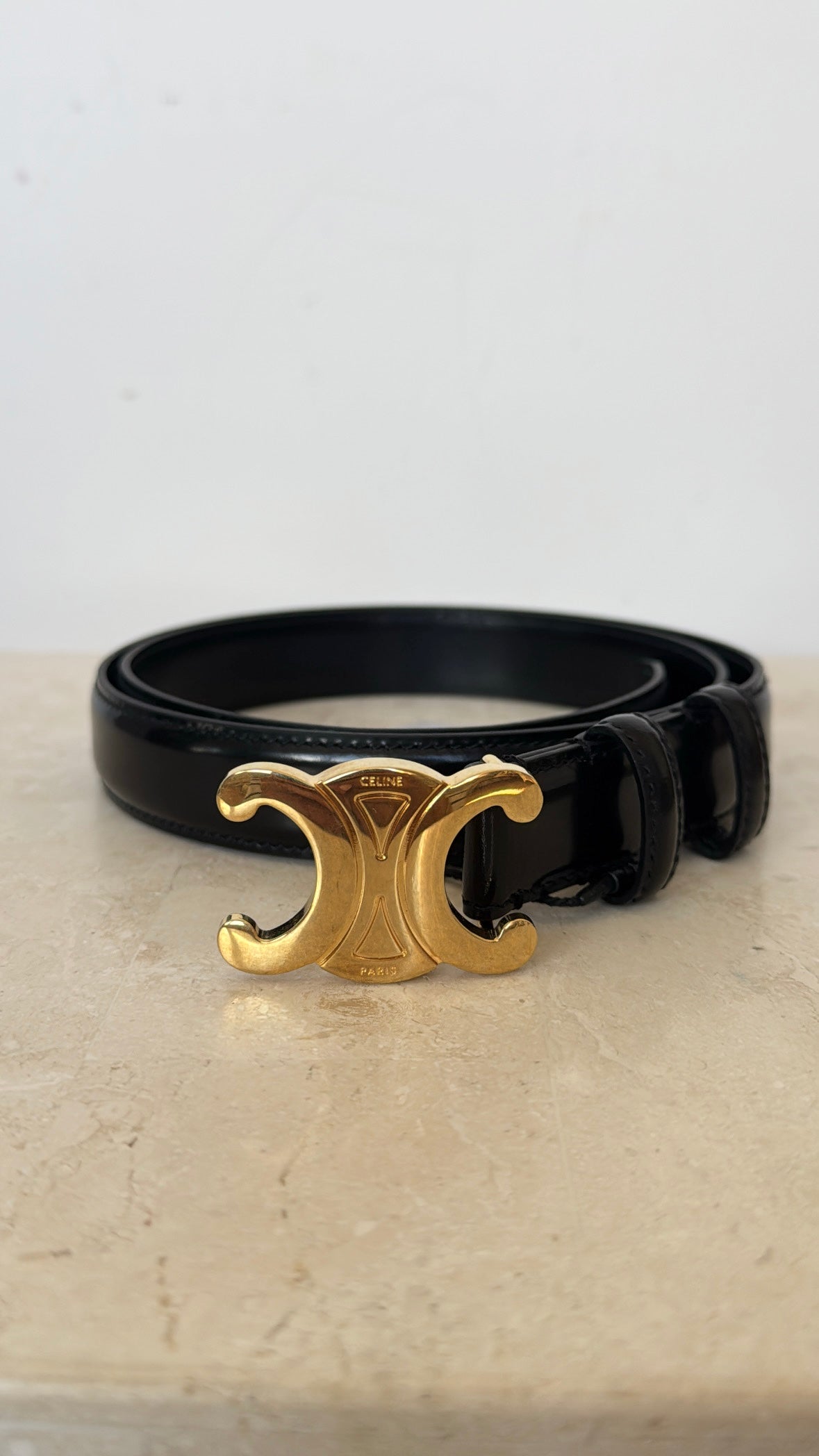 Celine Black Leather Triomphe logo Belt, 80