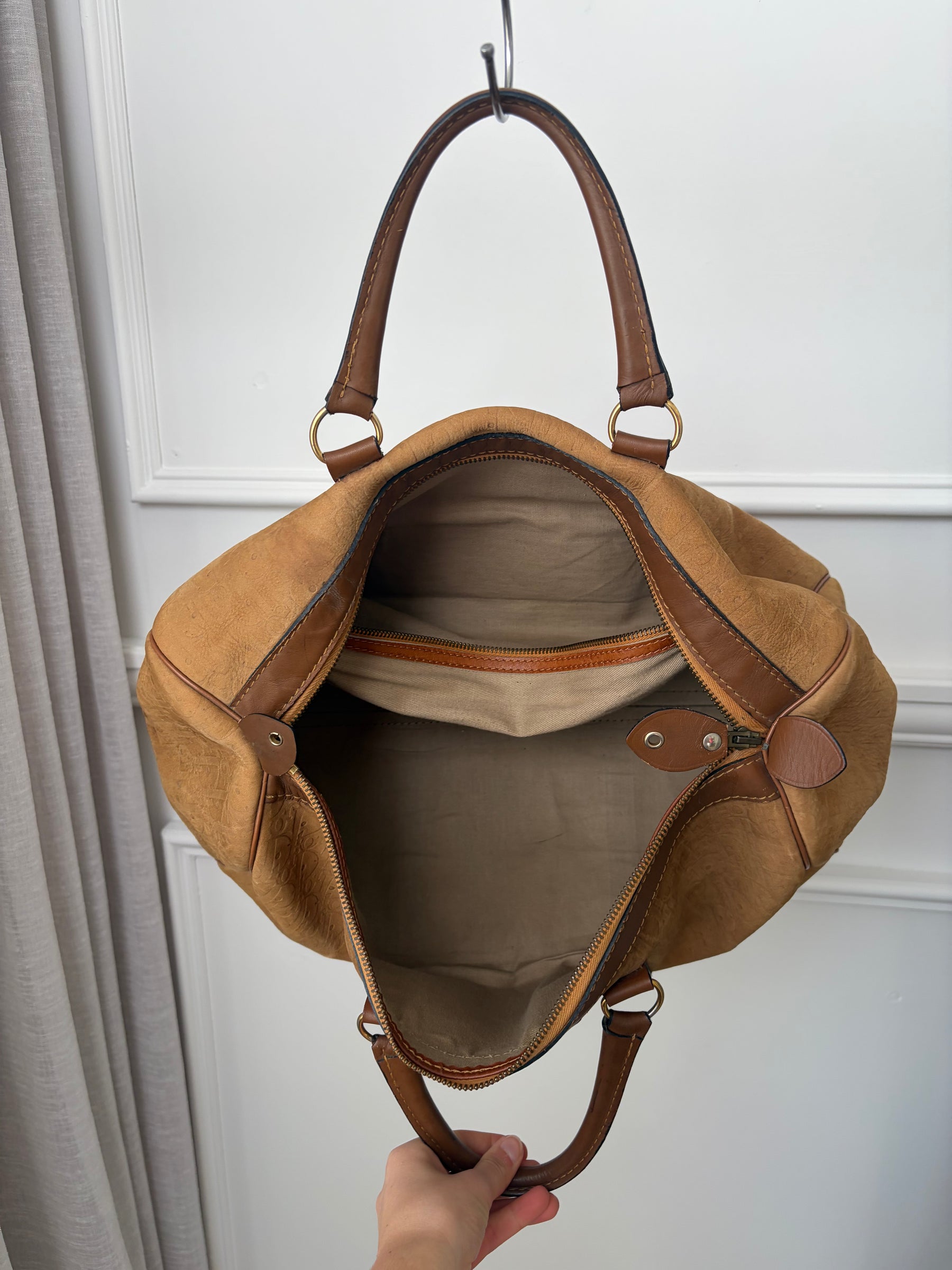 Dior Tan Nubuck Oblique Monogram Embossed Boston Bag