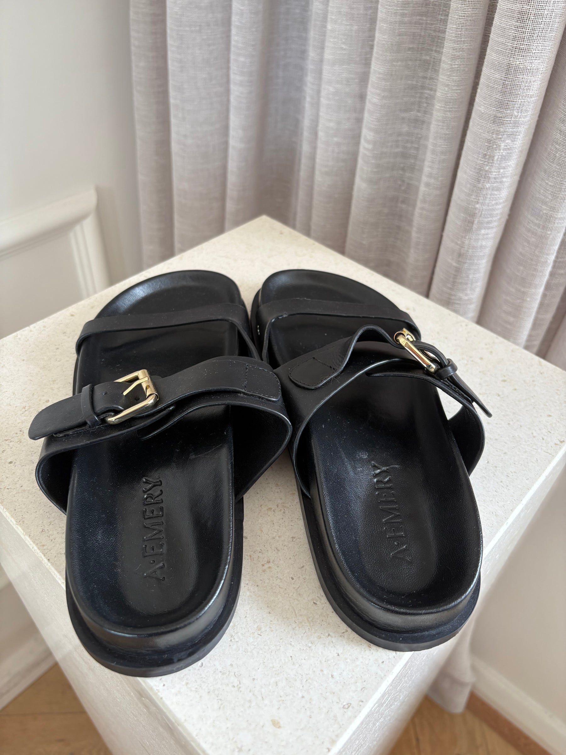 A Emery Black Leather Buckle Slides, 37