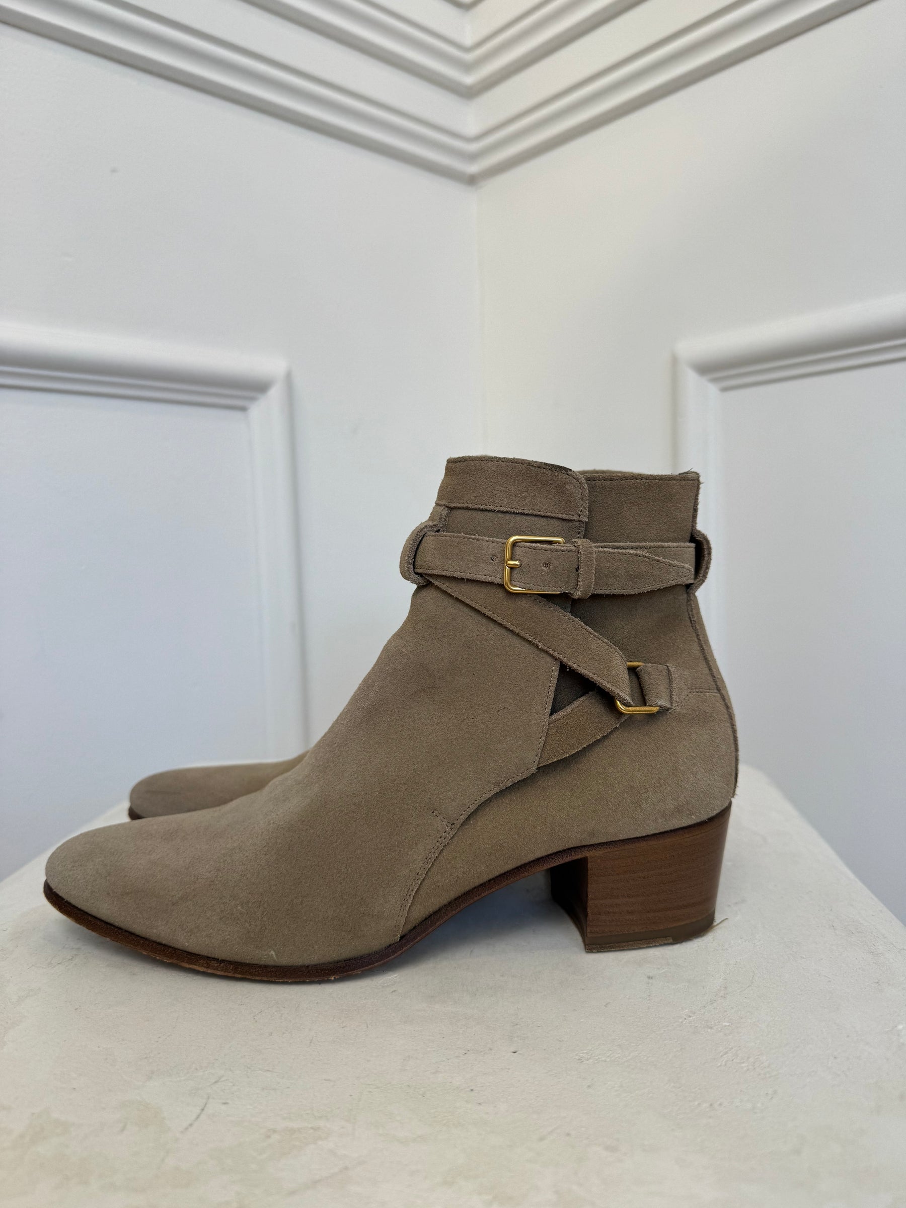 Saint Laurent Beige Suede Ankle Boots with Buckle, 38