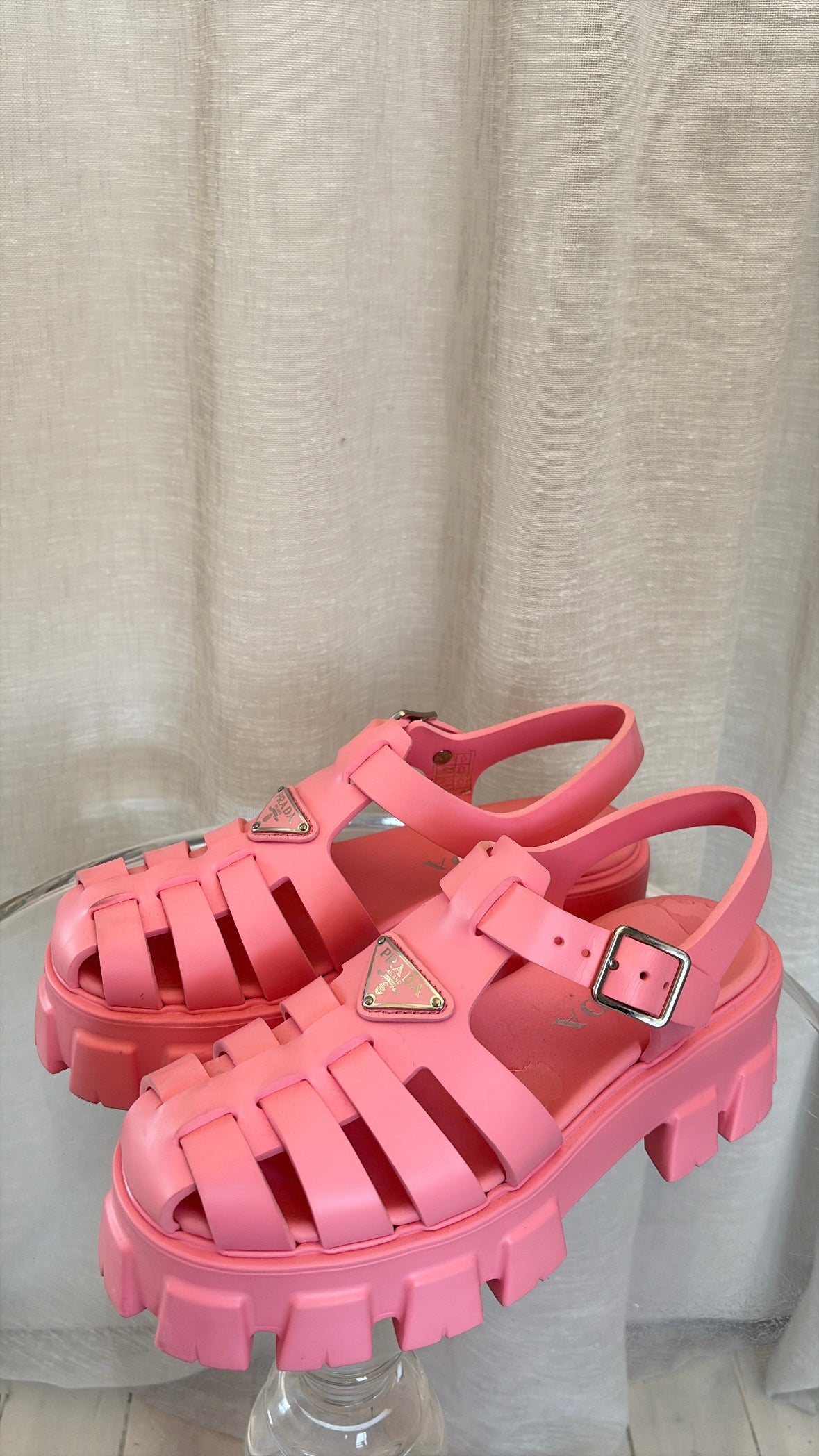 Prada Pink Rubber Platform Gladiator Sandal, 39