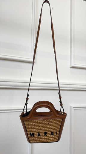 MARNI Brown Leather and Raffia Mini Logo Tote