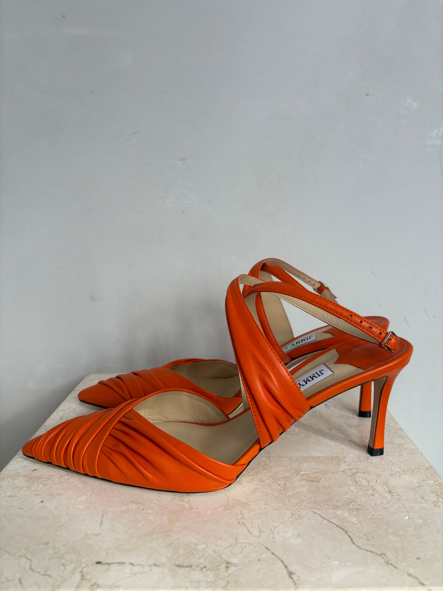 Jimmy Choo Orange Gathered Leather Ankle Strap Pointed Heels, 40
