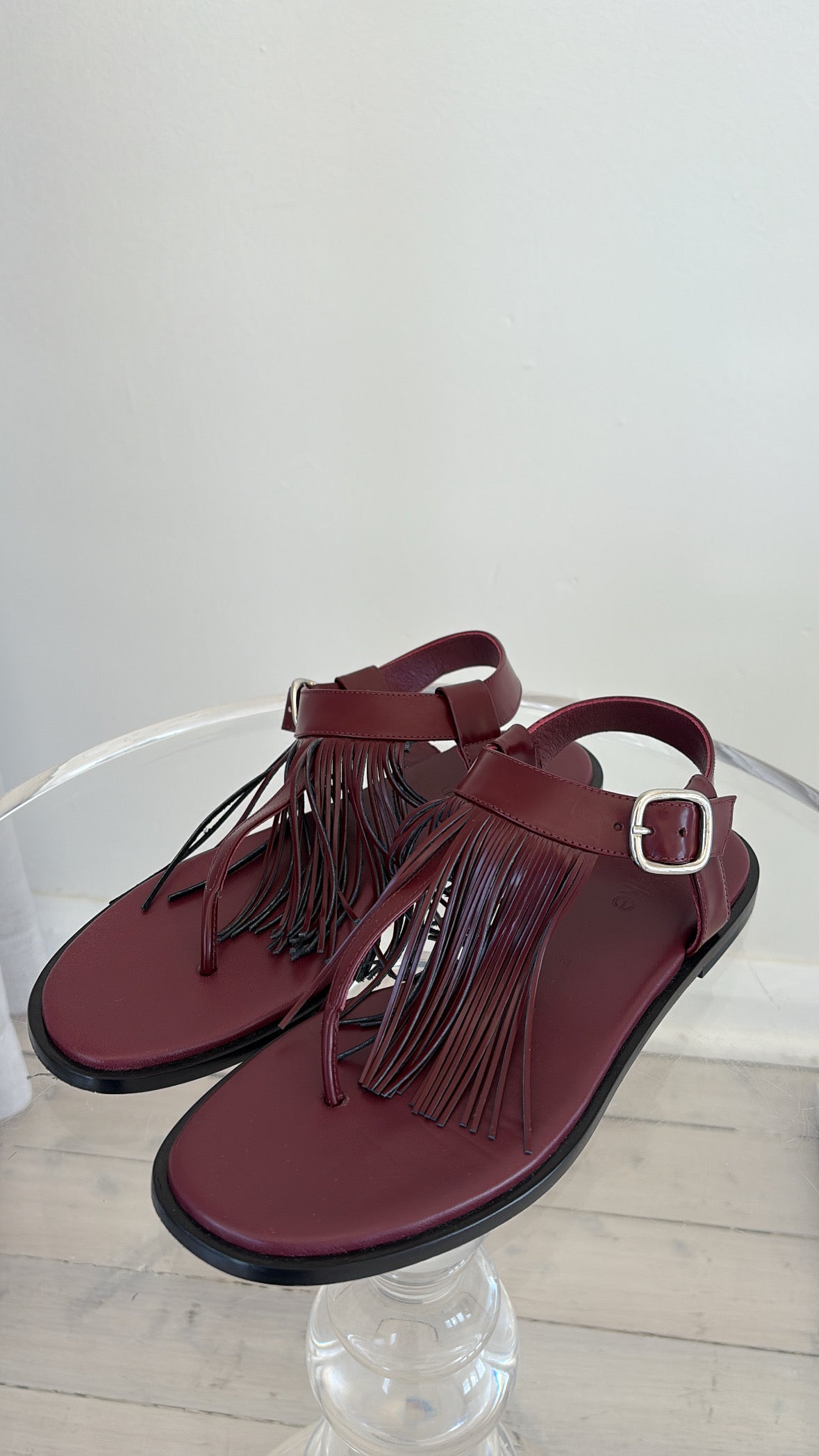 bassike Burgundy Leather Fringed T Bar Sandal, 40