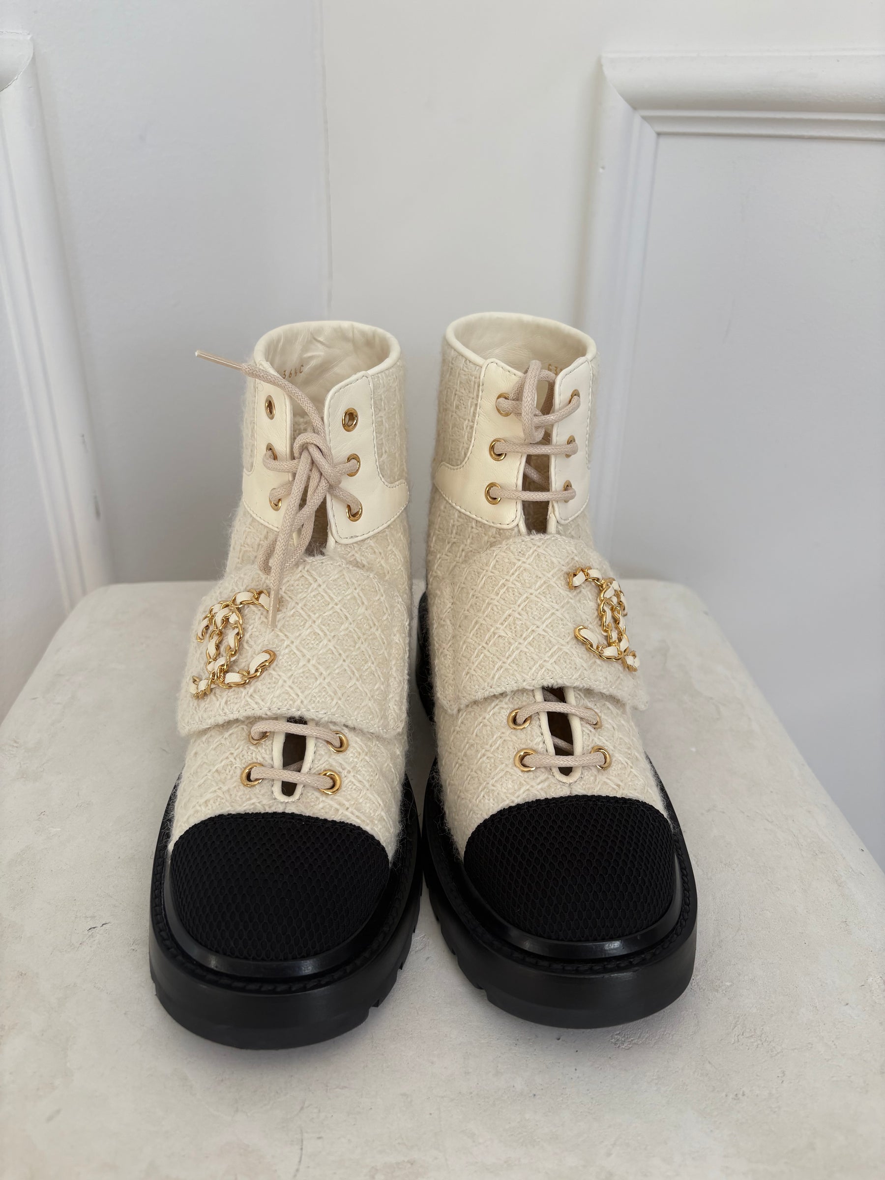 Chanel Ivory Tweed and Black Combat Boots, 36.5 C