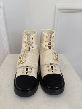 Chanel Ivory Tweed and Black Combat Boots, 36.5 C