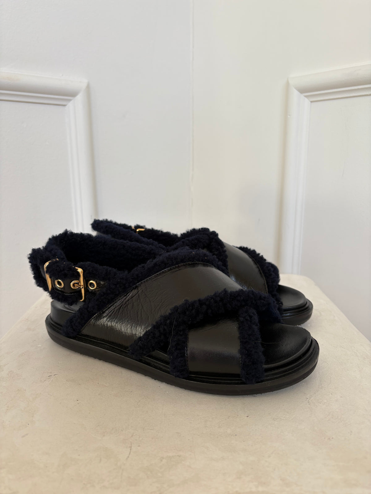 Marni Black with Navy Shearling Fussbet Sandals, 38.5