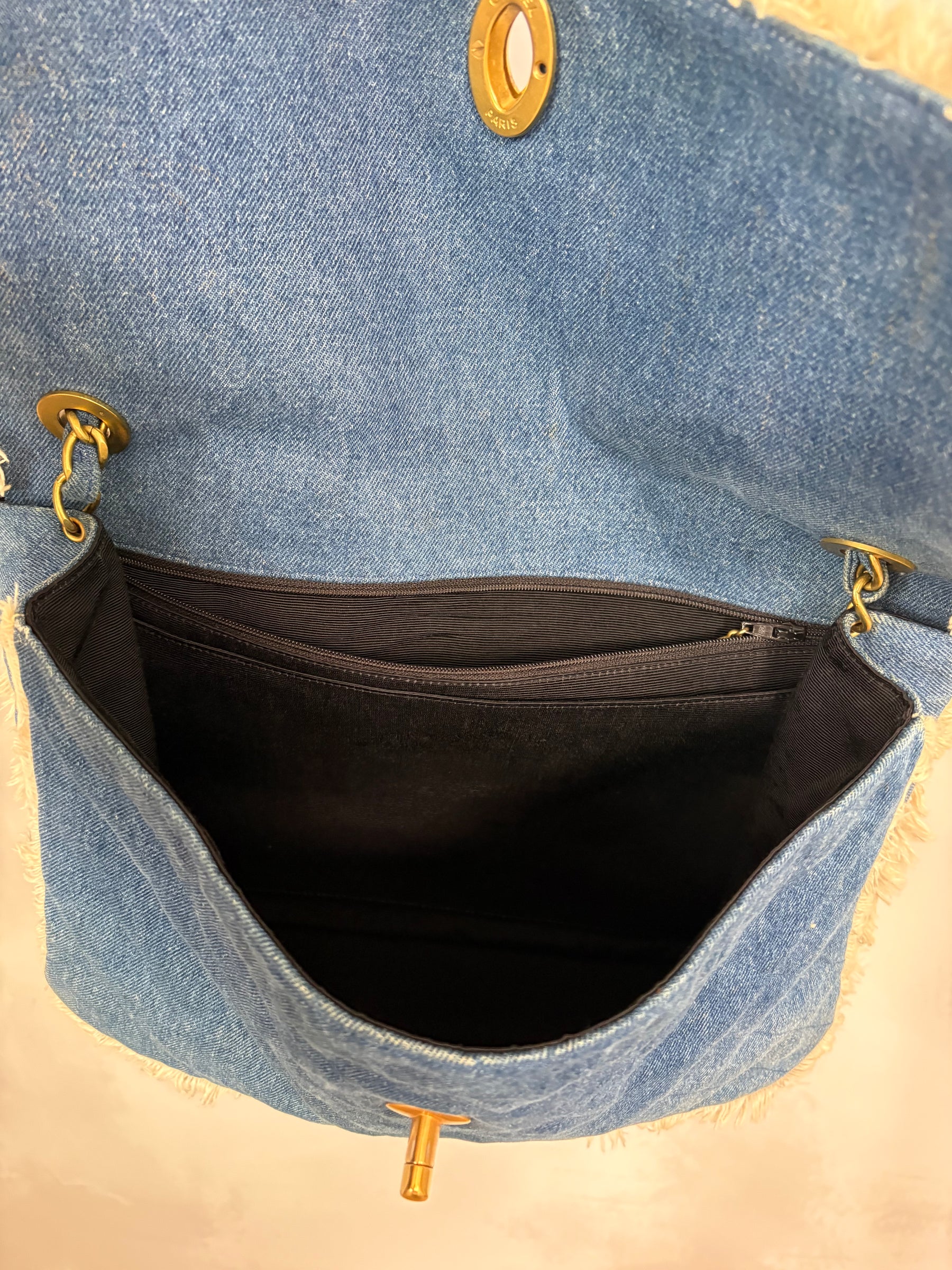 Chanel Blue Denim Cream Fringed Bag