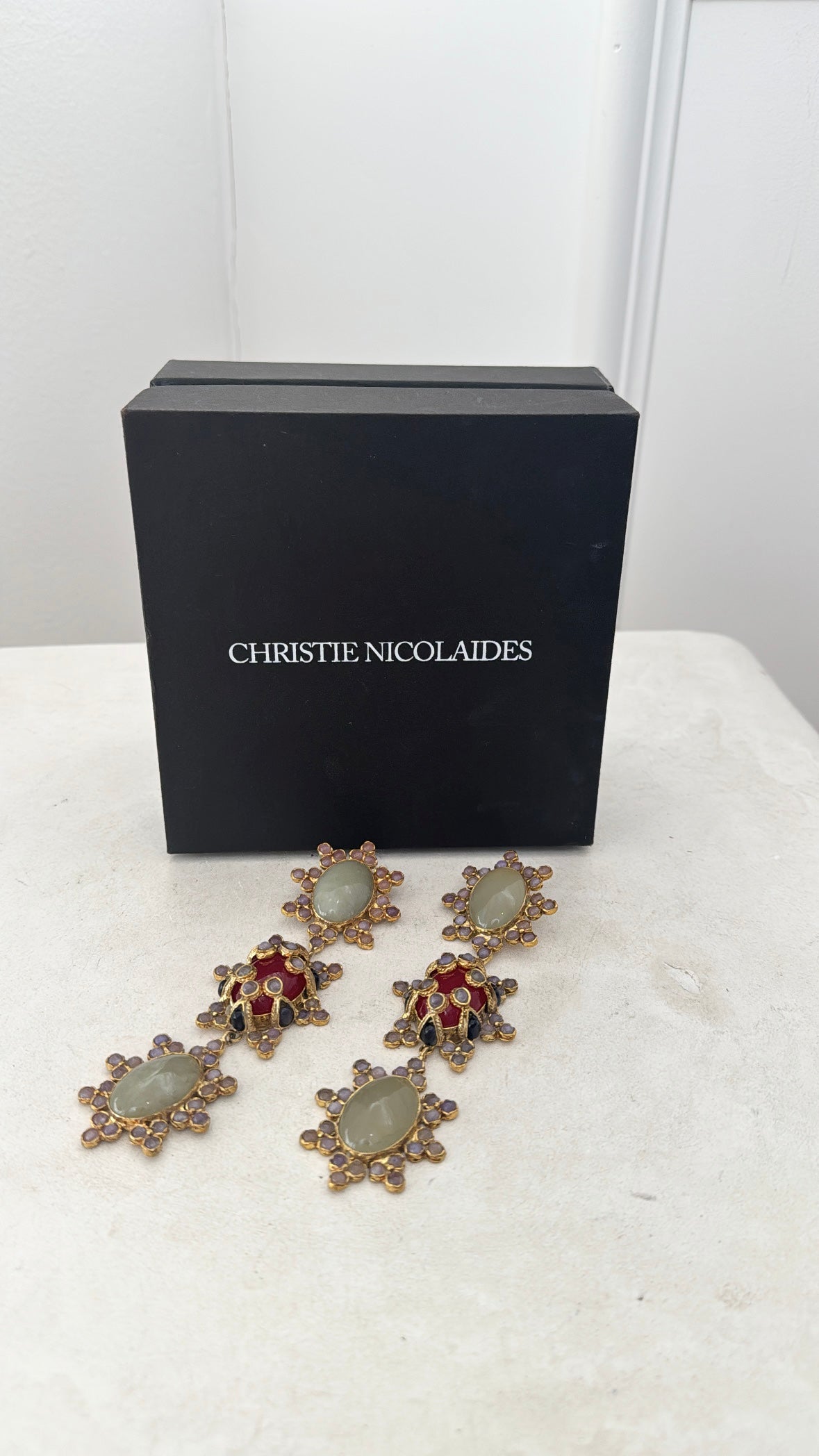 Christie Nicolaides Gold Tone Jade Style and Red Stone Drop Earrings