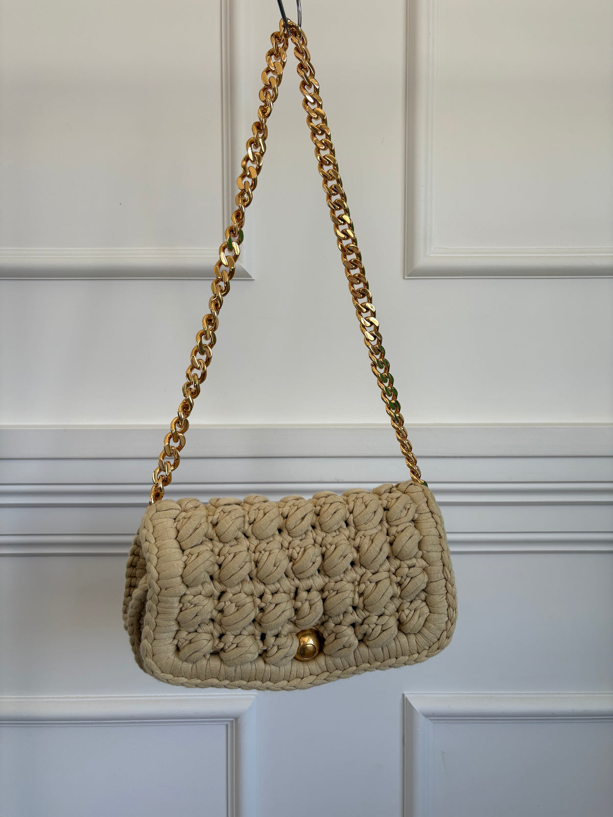 Bottega Veneta Beige Jersey Crochet Chain Bag