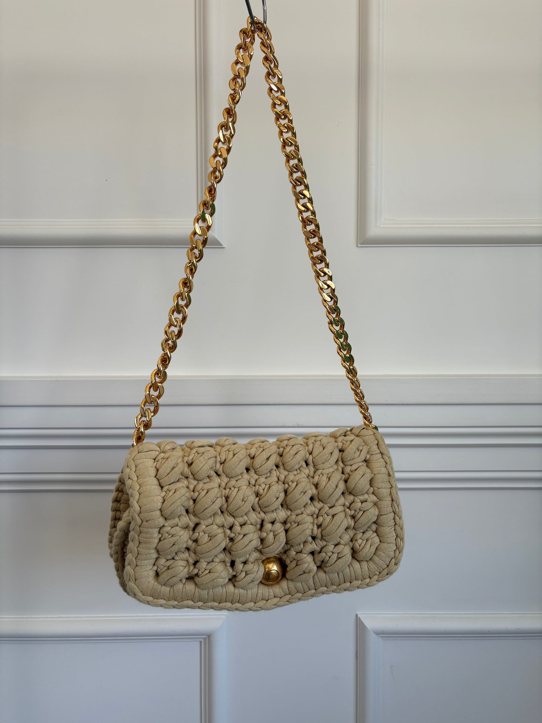 Bottega Veneta Beige Jersey Crochet Chain Bag