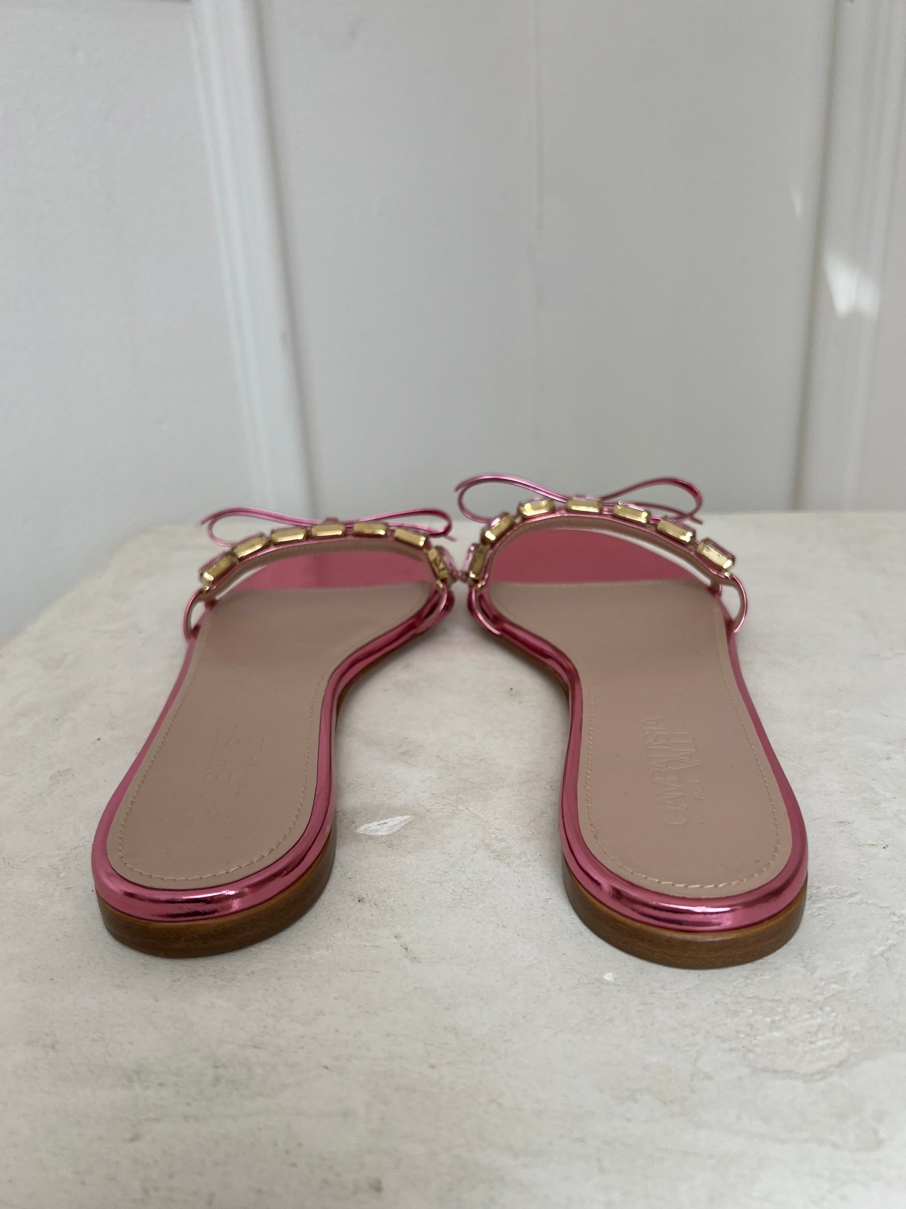 Giambattista Valli Pink Metallic Crystal Bow Slides, 37.5