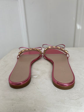 Giambattista Valli Pink Metallic Crystal Bow Slides, 37.5