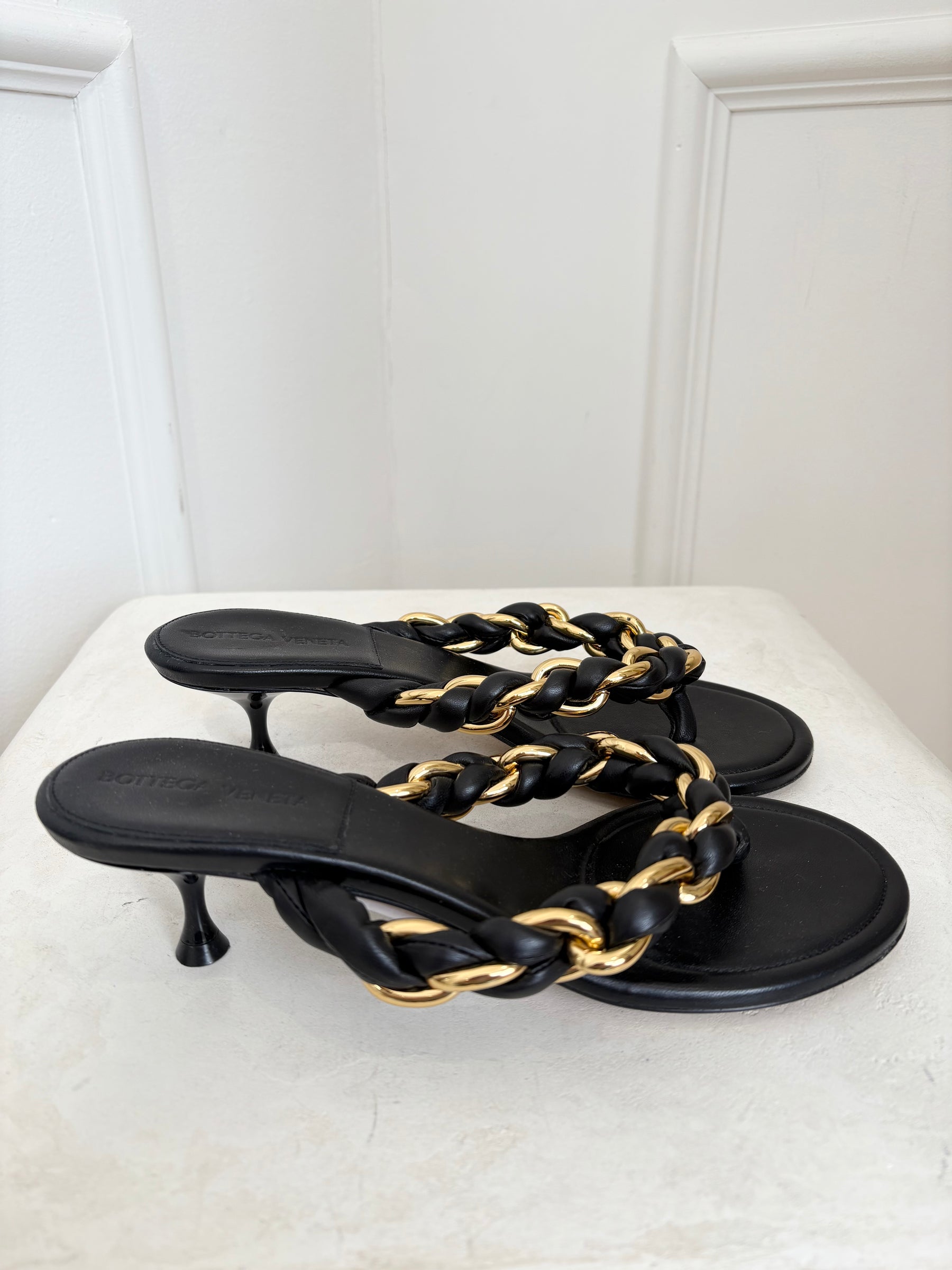 Bottega Veneta Black Leather with Gold Chain 'Dot' Sandals, 38.5