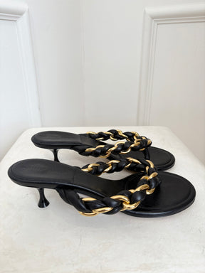 Bottega Veneta Black Leather with Gold Chain 'Dot' Sandals, 38.5