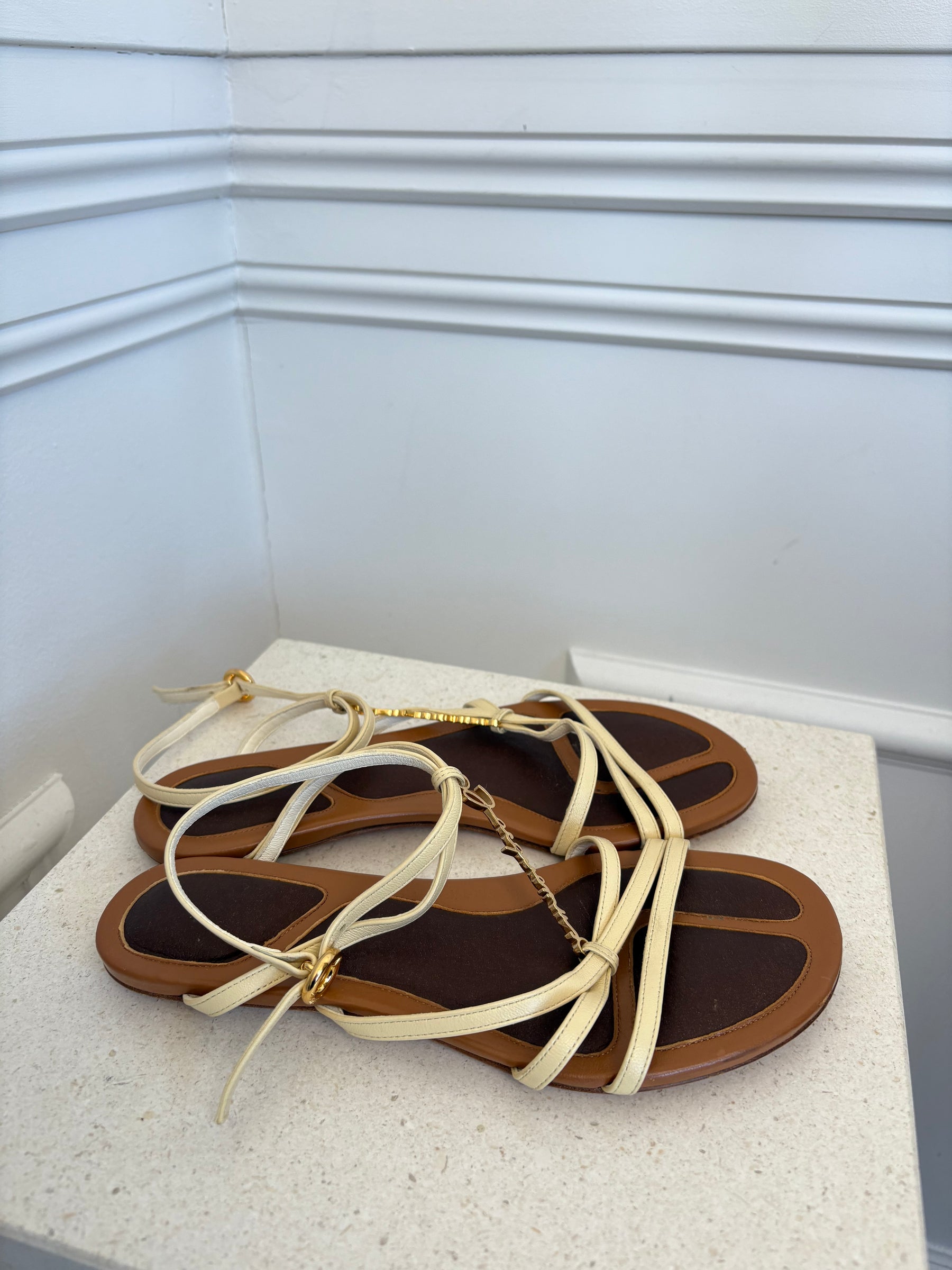 Jacquemus Cream Leather Strappy Logo Sandal, 37