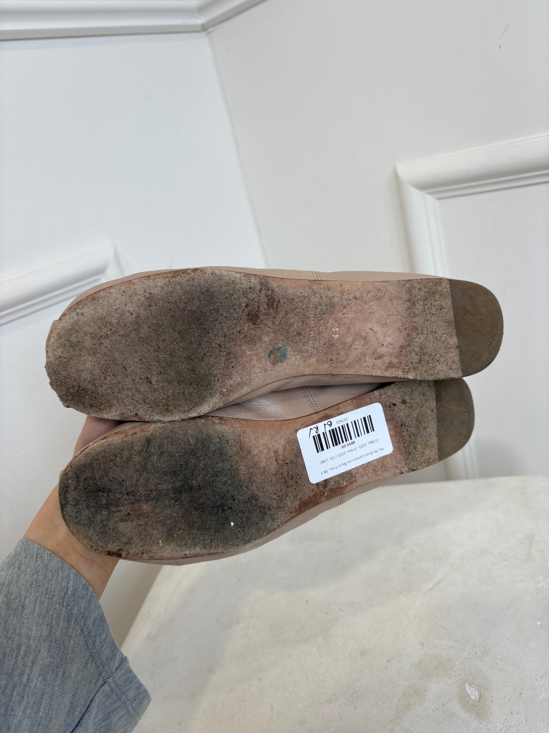 Miu Miu Blush Leather Logo Ballet Flats, 38.5