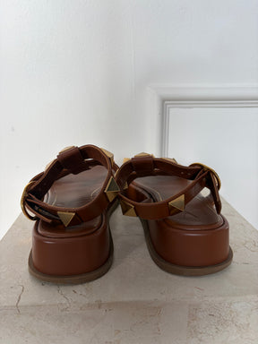 Valentino Tan Leather Roman Stud Sandals, 37