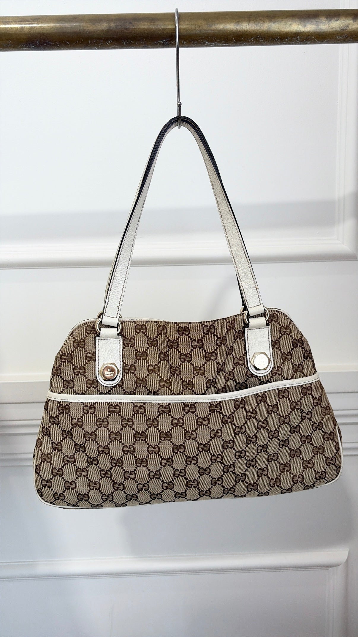 Gucci Charmy Canvas Monogram And White Leather Shoulder Bag