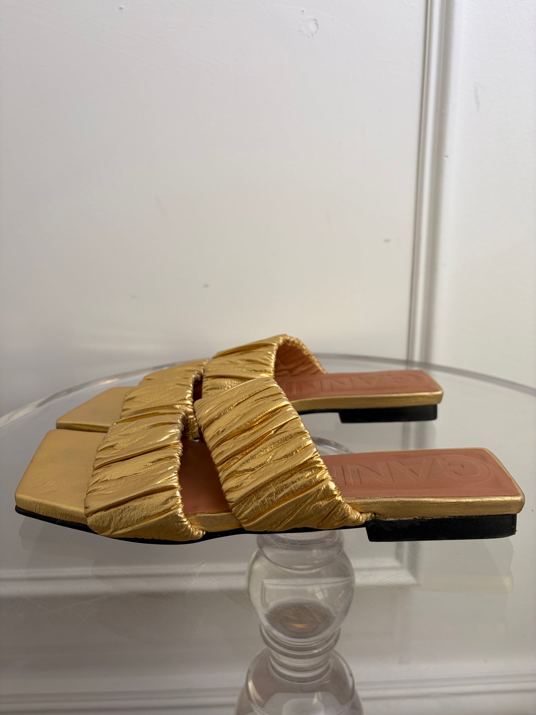 Ganni Gold Double Strap Slides, 37