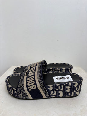 Dior Navy Oblique Logo Platform Slides, 37