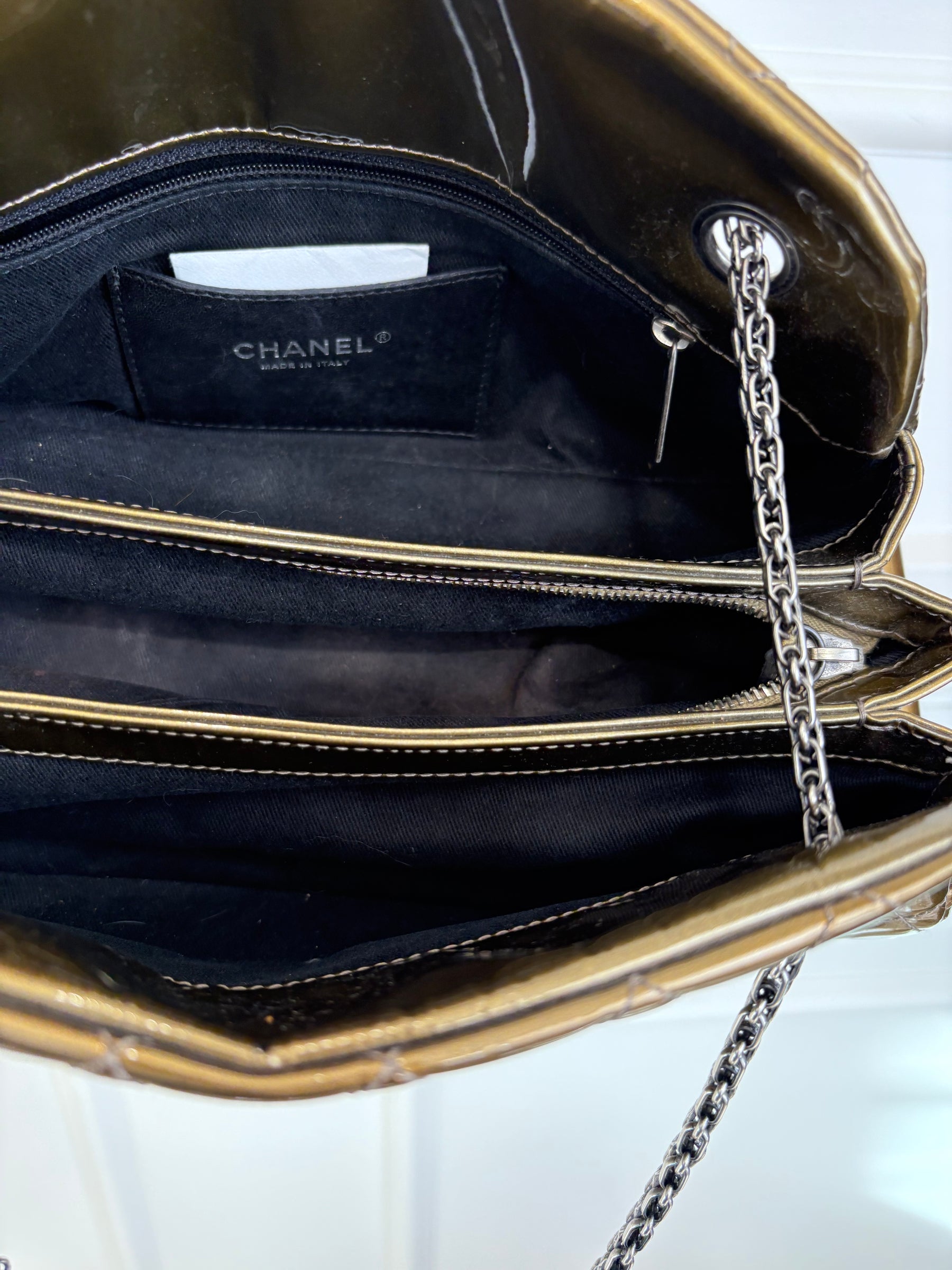 Chanel Khaki Bronze Patent Mademoiselle Bowling Bag