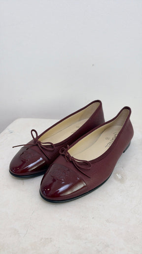 Chanel Burgundy Grained and Patent Leather Ballet Flats, 39.5 C