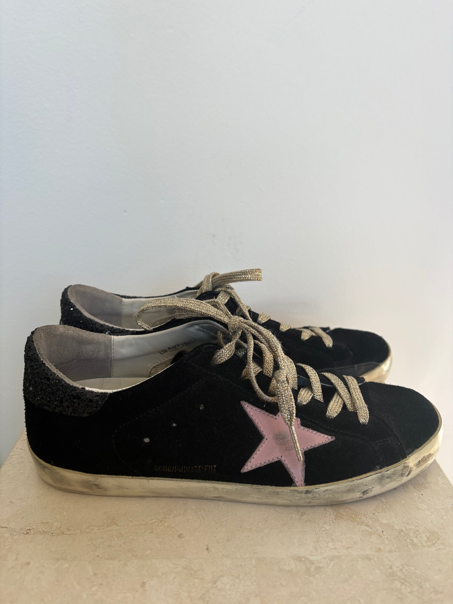 Golden Goose Black Suede Superstar Sneakers with Pink Star, 41