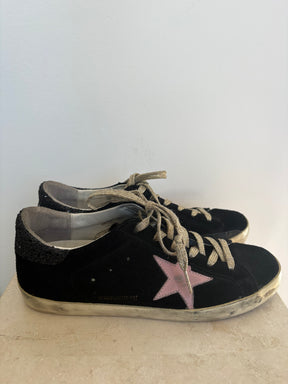 Golden Goose Black Suede Superstar Sneakers with Pink Star, 41